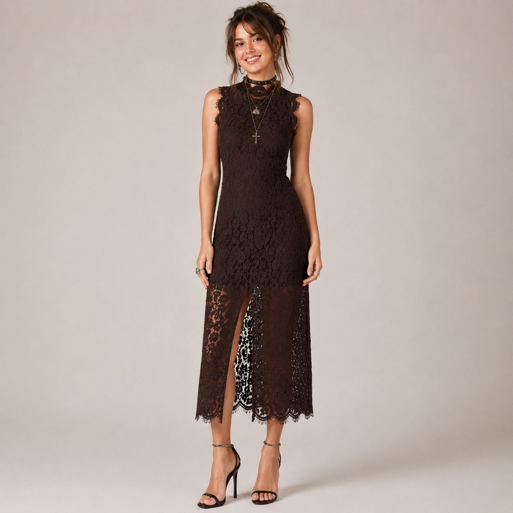 Endless Rose Brown Y2K Lace Whimsigoth Midi Dress High Neck Front Slit Size M